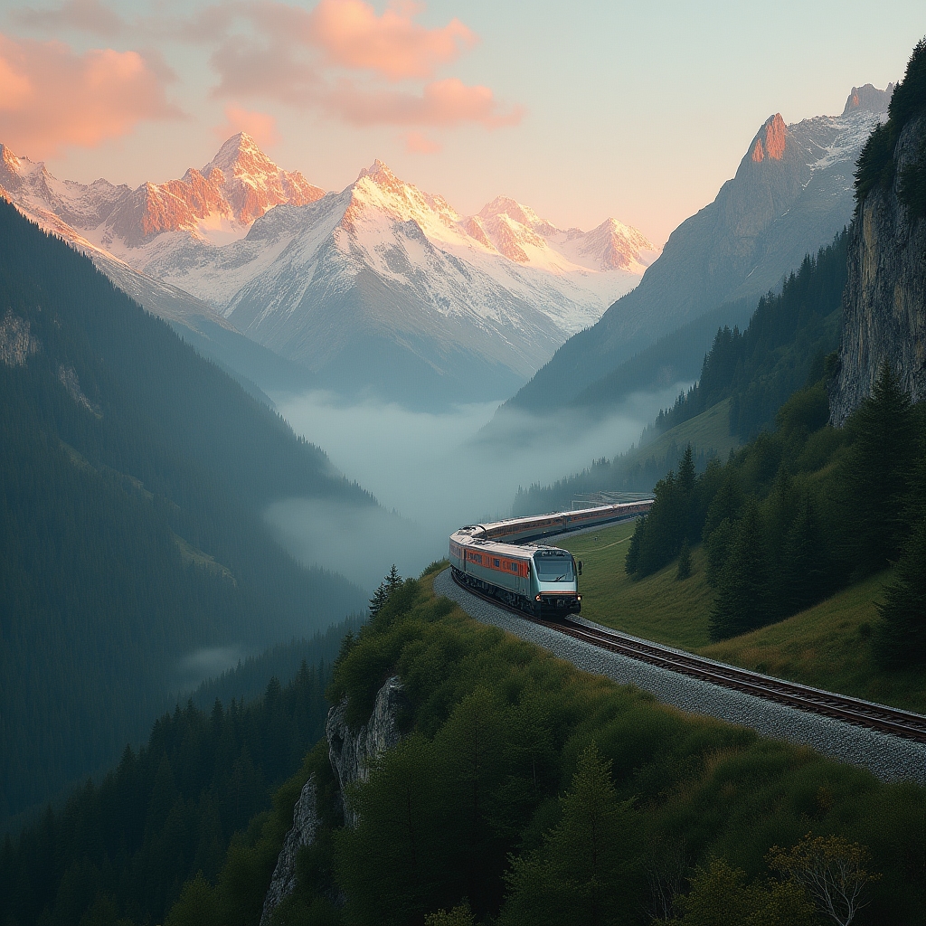 Zugreise durch die Alpen bei Sonnenuntergang